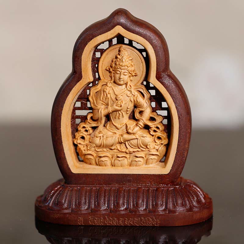 Vajrasattva Wood Statue – engraved Buddha holding vajra, compassion Buddhist home decor
