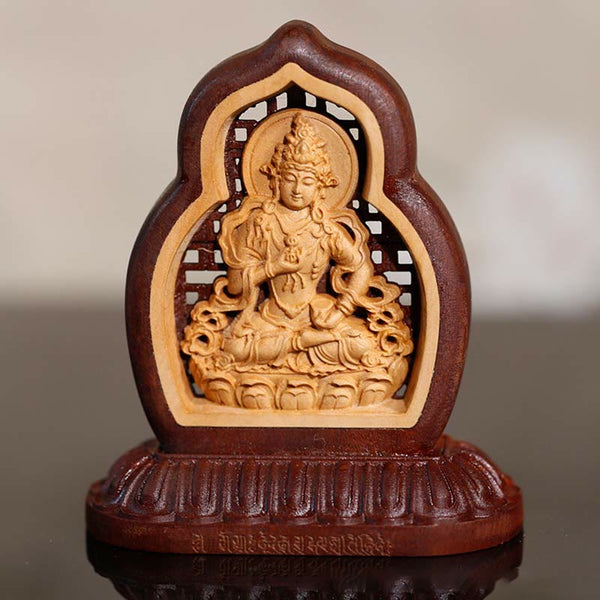 Vajrasattva Wood Statue – engraved Buddha holding vajra, compassion Buddhist home decor