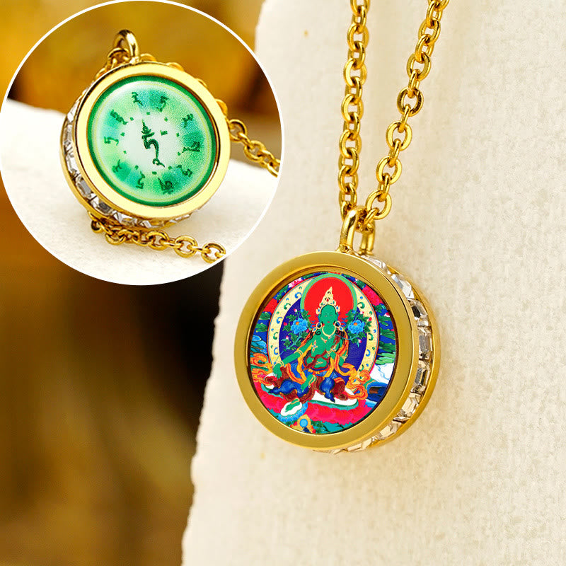 Tibetan Green Tara – studio macro shot, serene Buddha pendant