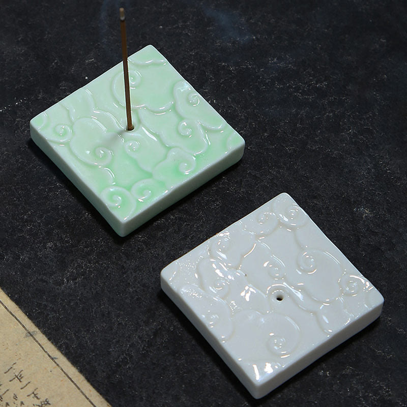 Mini Auspicious Clouds Ceramic Incense Burner – green and white square holders on dark stone, one with smoke and calligraphy, ceramic incense set