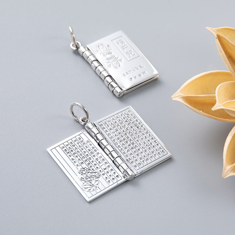 Sterling Silver Heart Sutra Pendant – Open and closed Heart Sutra book locket with lotus, zen