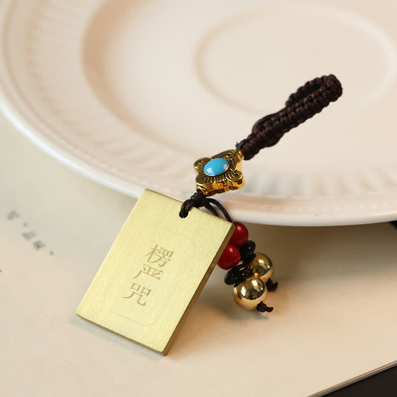 Feng Shui Yin Yang Bagua Keychain - Brass Surangama Mantra pendant with turquoise stone, Buddhist keychain