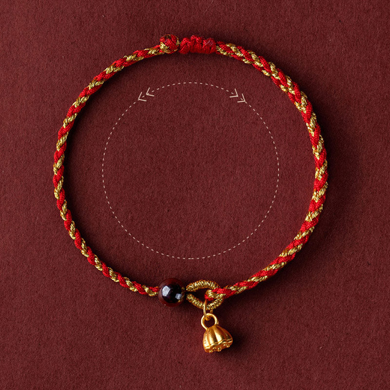 Red Gold Rope Lotus Braid Bracelet - circular layout with adjustable sizing guide, cord bracelet