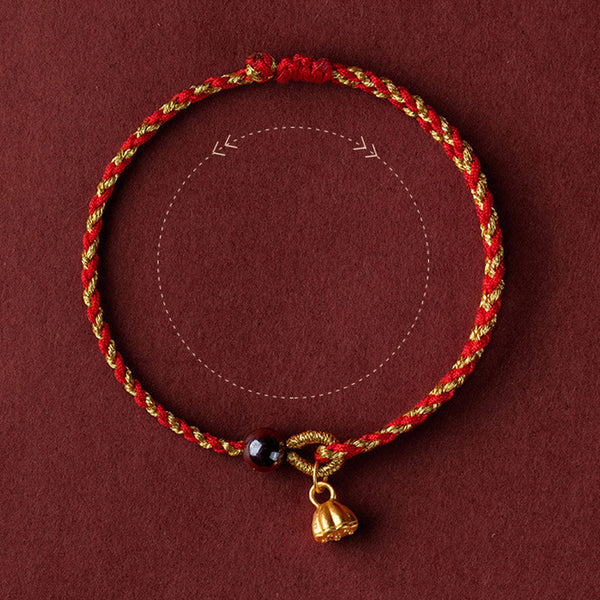 Red Gold Rope Lotus Braid Bracelet - circular layout with adjustable sizing guide, cord bracelet