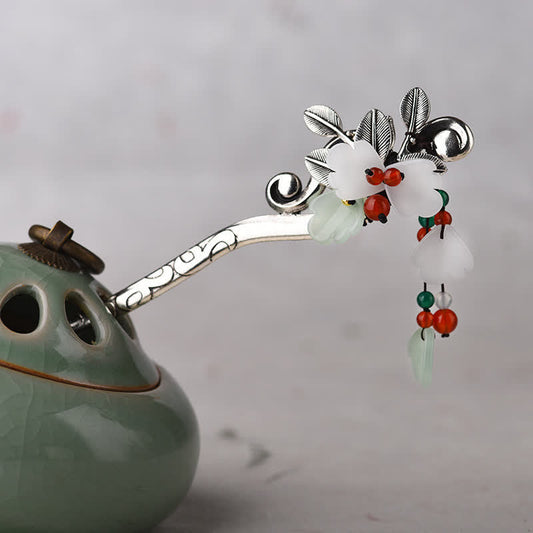 Red Agate Jade Flower Hair Pin, silver hairpin with white jade flowers and red agate beads, celadon teapot background