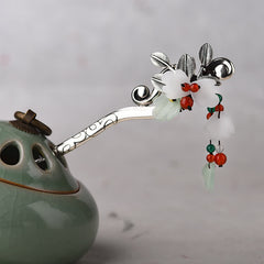 Red Agate Jade Flower Hair Pin, silver hairpin with white jade flowers and red agate beads, celadon teapot background
