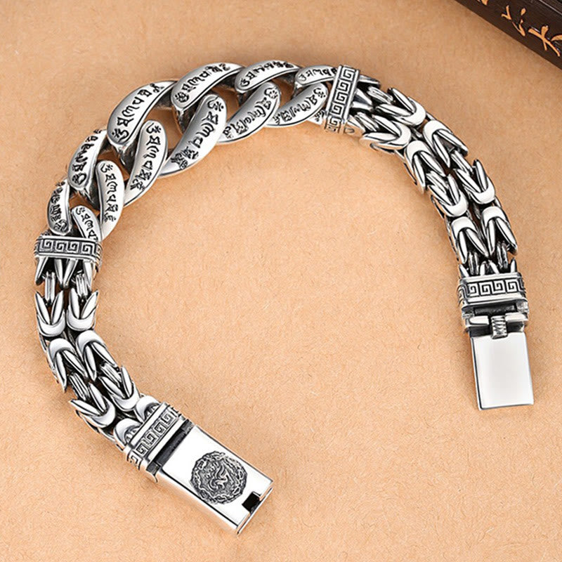 Om Mani Padme Hum Bracelet – Curved flat lay showing engraved text, prayer bracelet