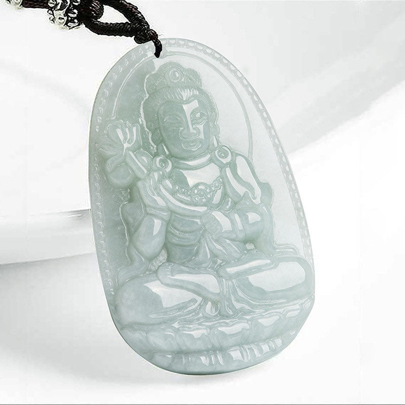 Zodiac Buddha Jade Necklace – front view of carved Buddha jade pendant, wise guardian zodiac symbol, studio lighting
