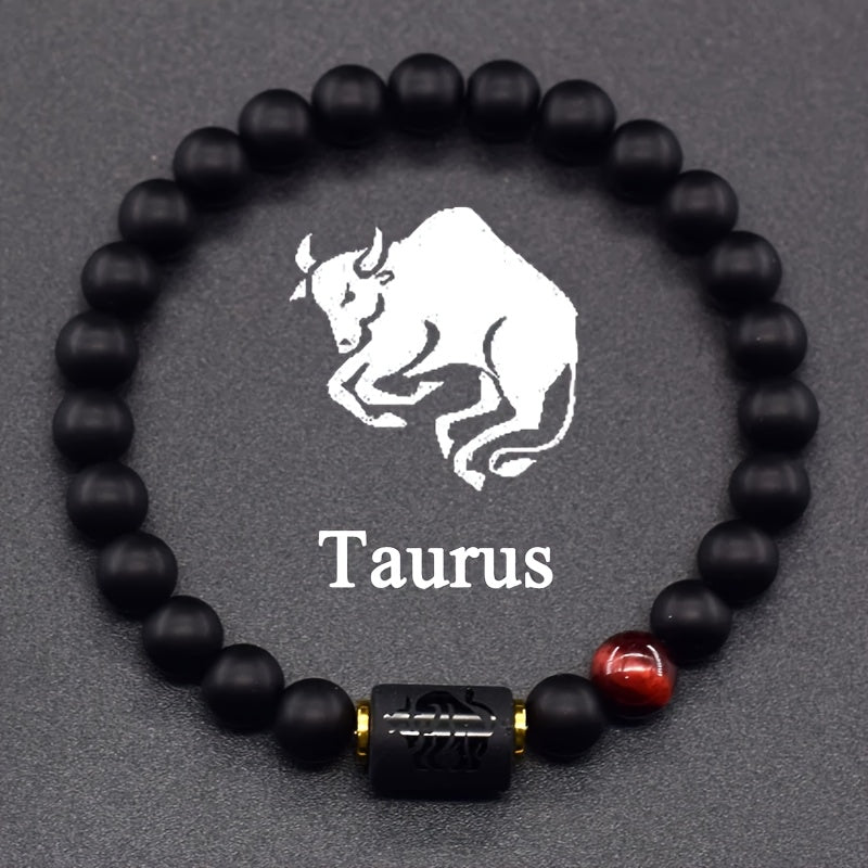 Zodiac Sign Bracelet – Taurus with red tiger's eye accent and barrel charm, grounding energy