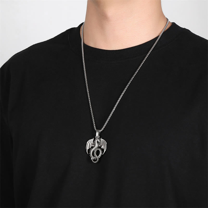 Pure Tin Dragon Necklace - Dragon pendant worn on model, black tee styling, lucky statement