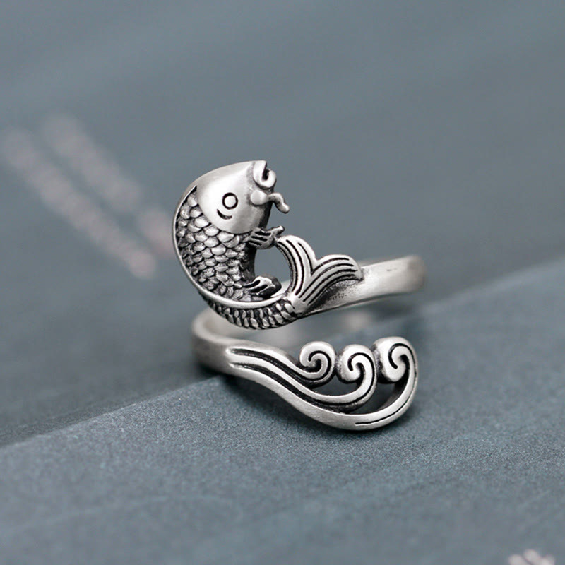925 Sterling Silver Koi Ring – close-up of koi fish head with open mouth and ripple waves, sterling silver craftsmanship