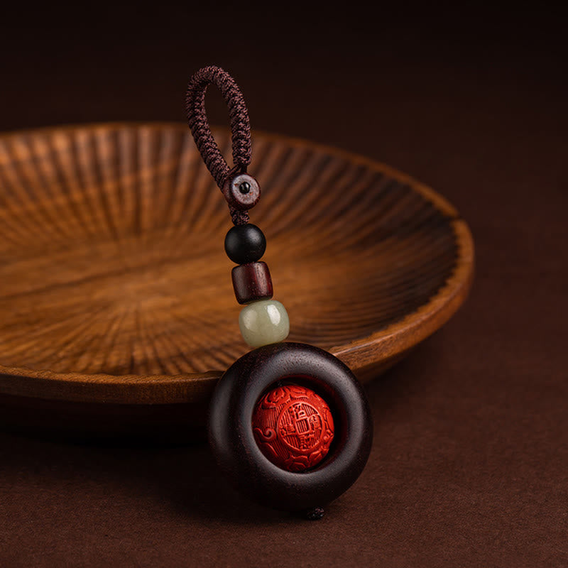 Tibetan Om Mani Padme Hum Sandalwood Cinnabar Protection Keychain – mantra bead wooden plate alternate view, spiritual keychain