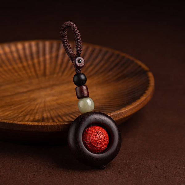 Tibetan Om Mani Padme Hum Sandalwood Cinnabar Protection Keychain – mantra bead wooden plate alternate view, spiritual keychain