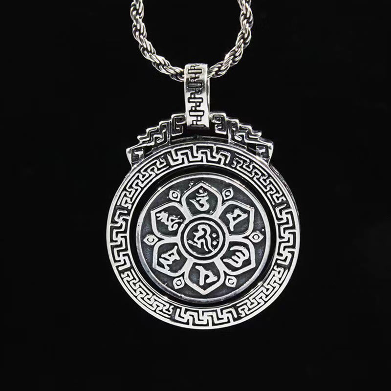 Double Dorje Vajra Rotatable Necklace – front view of lotus mantra medallion with Greek key frame, men pendant