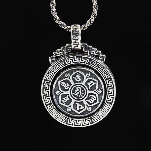 Double Dorje Vajra Rotatable Necklace – front view of lotus mantra medallion with Greek key frame, men pendant
