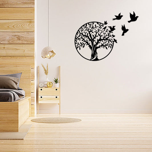 Tree of Life Birds Metal Wall Art - black tree and birds above minimalist bed in Scandinavian bedroom