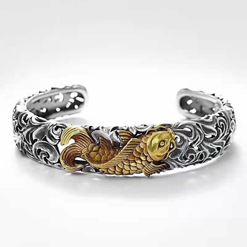 Koi Fish Grass Pattern Bracelet - full bangle view showing carved koi and grass motif, prosperity jewelry