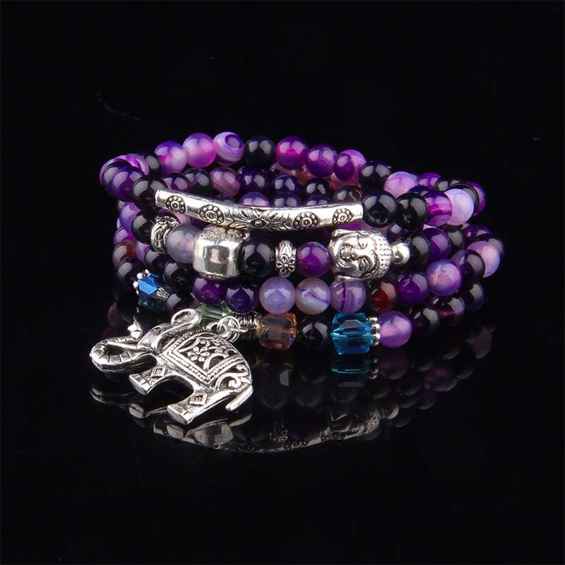 Natural Agate Elephant Buddha Bracelet – purple agate stacked beads with elephant charm, studio
