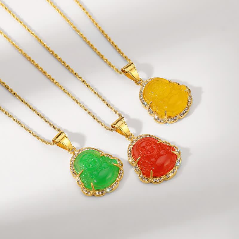 18K Gold Filled Laughing Buddha Jade Necklace – Natural jade color variation, light green to white tones