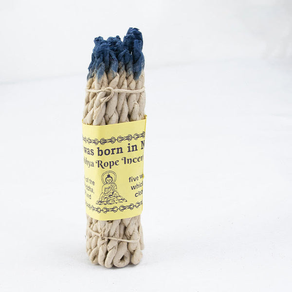 Nepal Rope Incense - Lumbini blue-tipped bundle on white studio, cleansing