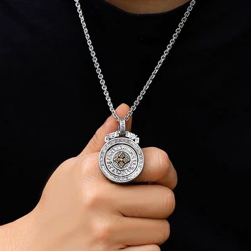 Double Dorje Vajra Rotatable Necklace – worn on black shirt showing pendant scale, men spiritual necklace