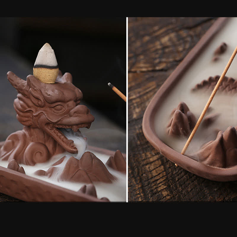 Dragon Incense Burner - split view brown ceramic tray with smoke, traditional, artisan