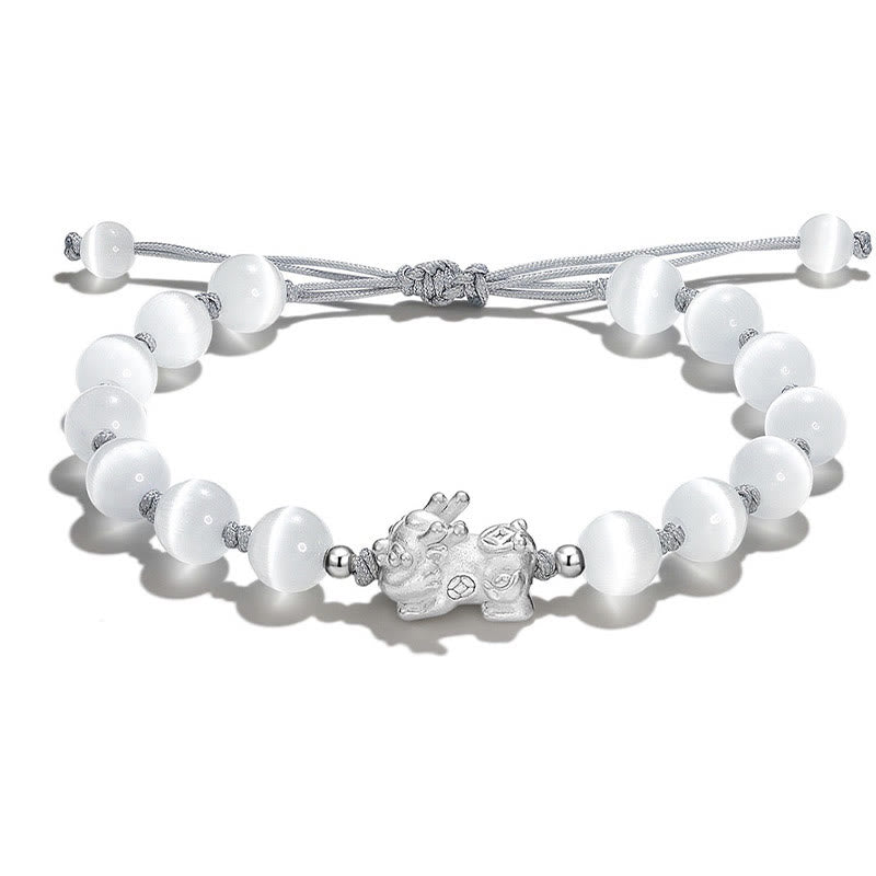 Cat's Eye PiXiu Bracelet – White cat's eye beaded bracelet with silver PiXiu charm