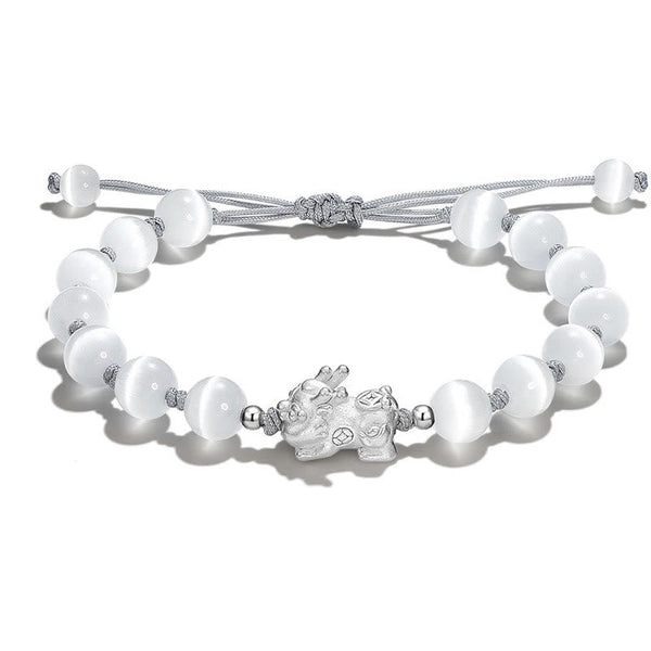 Cat's Eye PiXiu Bracelet – White cat's eye beaded bracelet with silver PiXiu charm