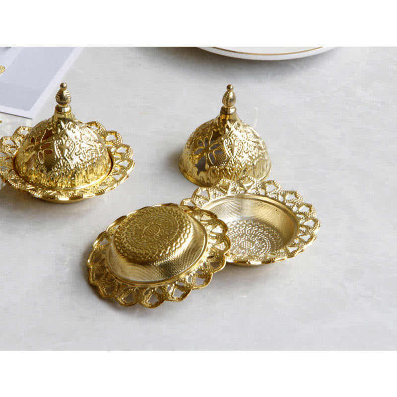 Tibetan Gold Mini Meditation Incense Burner – Overhead view of three gold burners, one disassembled with cone, lace scalloped edges