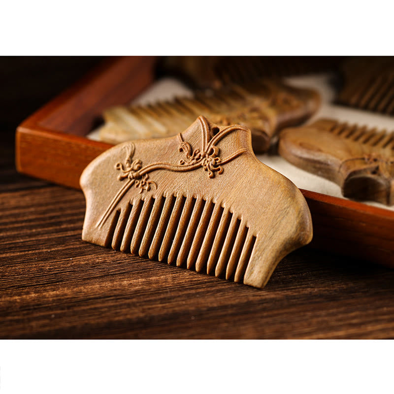 Green Sandalwood Flower Engraved Comb, image 6