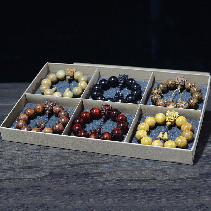 Multi-Wood Dragon Bracelet - Assorted wood bead bracelets in divided display box, Protection