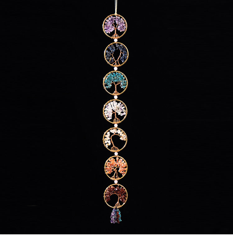 Chakra Tree of Life – seven chakra crystal tree circles on black background, gemstone wall art