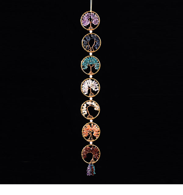Chakra Tree of Life – seven chakra crystal tree circles on black background, gemstone wall art
