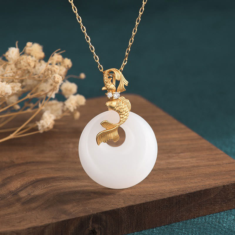 White Jade Koi Necklace – White jade koi fish pendant on 45cm copper chain, Feng Shui jewelry