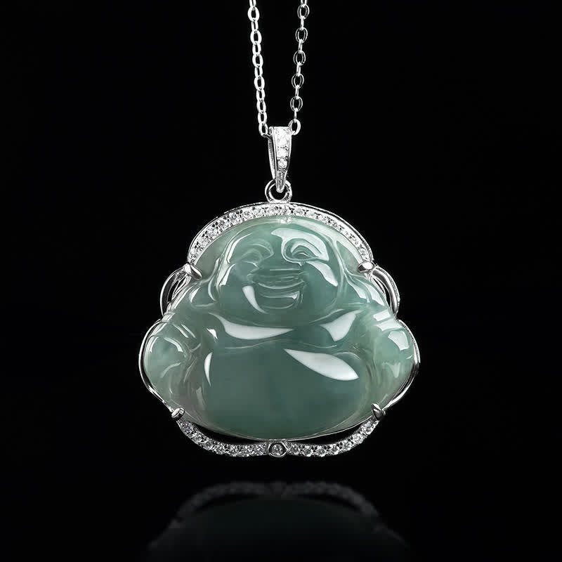 Laughing Buddha Natural Jade Luck Necklace Titanium Steel – Dark green jade Buddha with stainless steel cable, masculine