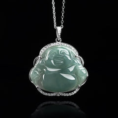 Laughing Buddha Natural Jade Luck Necklace Titanium Steel – Dark green jade Buddha with stainless steel cable, masculine