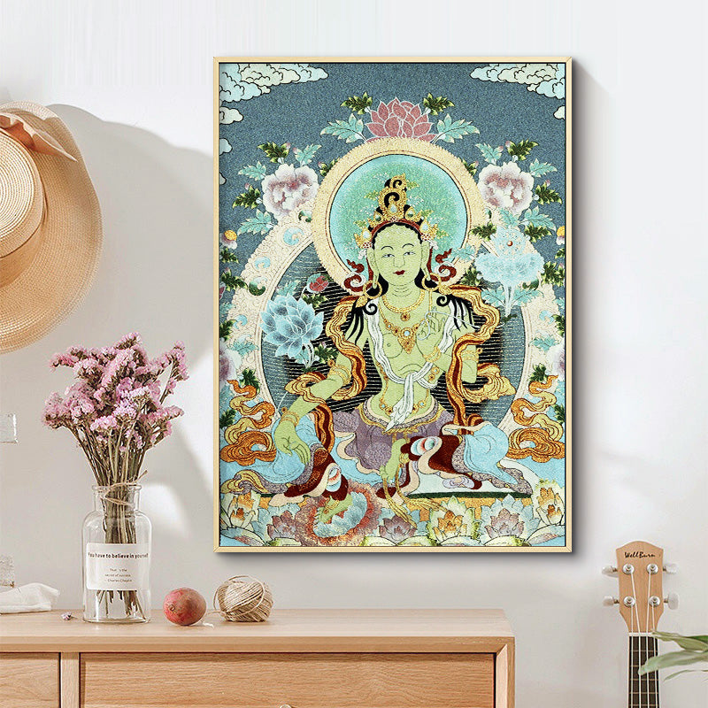 Tibetan Embroidery White Tara Thangka Tapestry – seven-eyed Tara on lotus throne, teal mandorla, sacred art