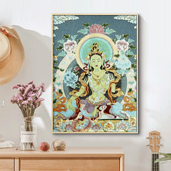 Tibetan Embroidery White Tara Thangka Tapestry – seven-eyed Tara on lotus throne, teal mandorla, sacred art