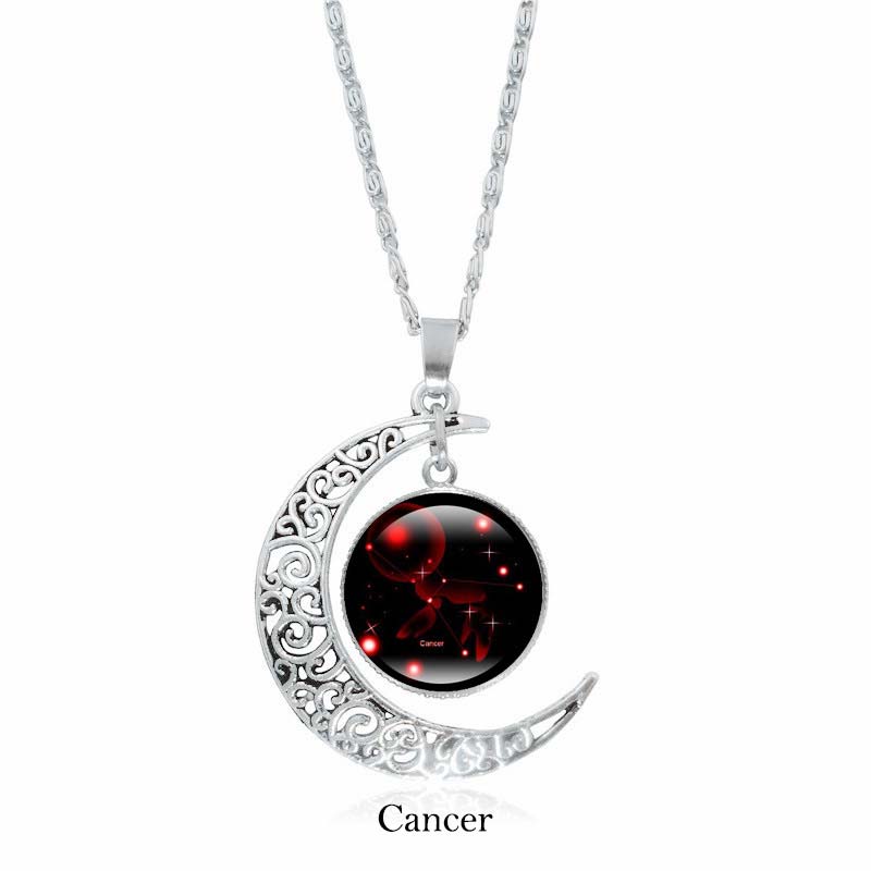 Zodiac Moon Protection Copper Necklace - Silver crescent moon with Cancer zodiac constellation cabochon in glowing red on black starry background