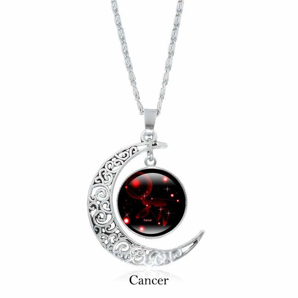 Zodiac Moon Protection Copper Necklace - Silver crescent moon with Cancer zodiac constellation cabochon in glowing red on black starry background