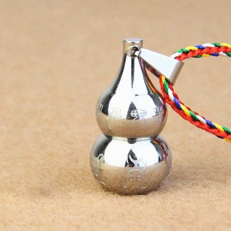 Tibetan Yin Yang Gourd Necklace - Polished silver gourd pendant with rainbow cord, stainless steel necklace