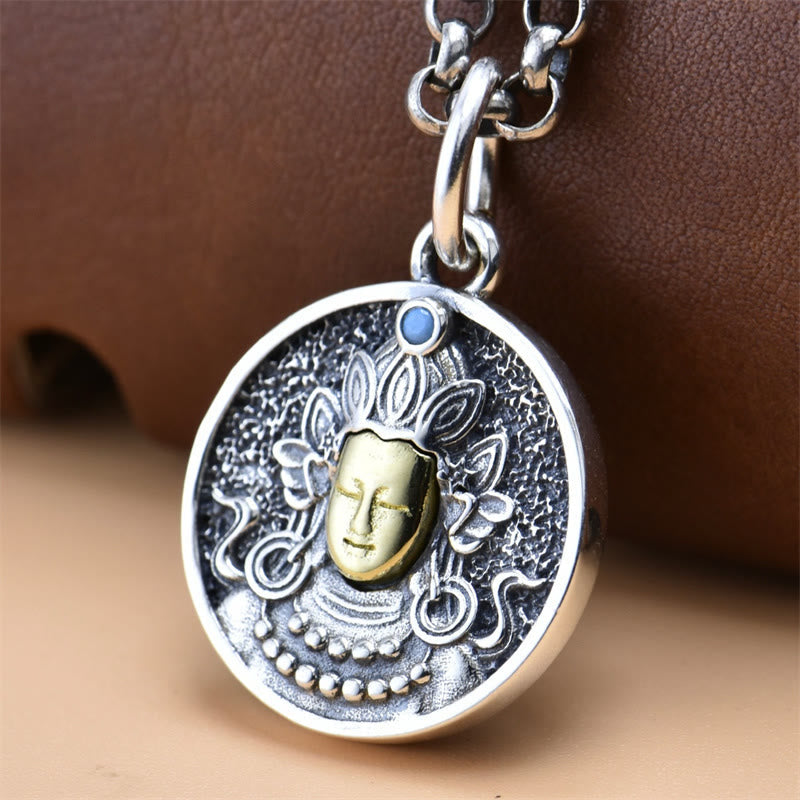 925 Sterling Silver Green Tara Necklace - Front view pendant with gold face on silver chain, Buddhist protection jewelry