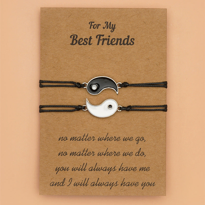 Yin Yang Hematite Bracelet - Two black cord bracelets on kraft gift card with BFF message