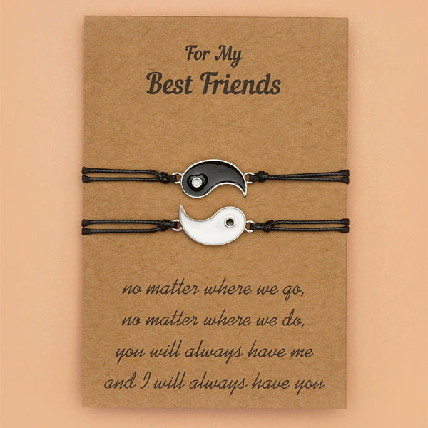 Yin Yang Hematite Bracelet - Two black cord bracelets on kraft gift card with BFF message