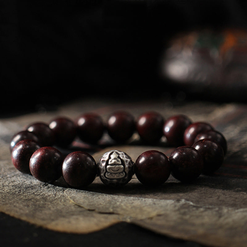 999 Sterling Silver Sandalwood Buddha Bracelet – Red sandalwood bracelet with silver Buddha charm, calming elegance