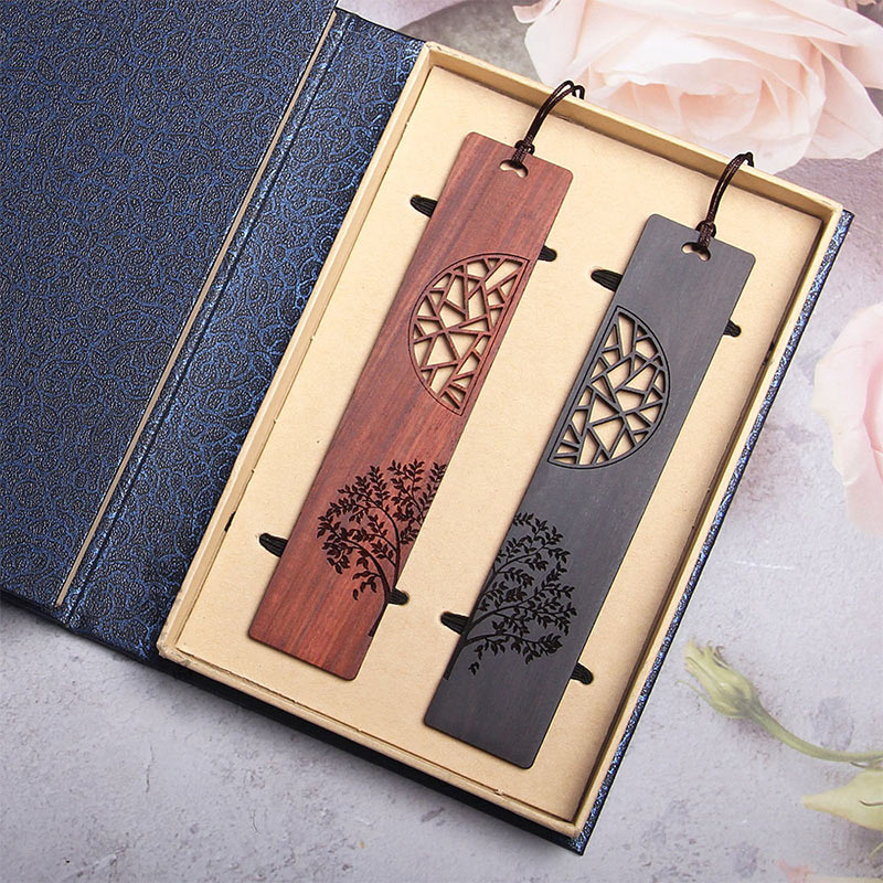 Tree of Life Wood Bookmarks - two bookmarks in open navy gift box with pink roses, gift set presentation