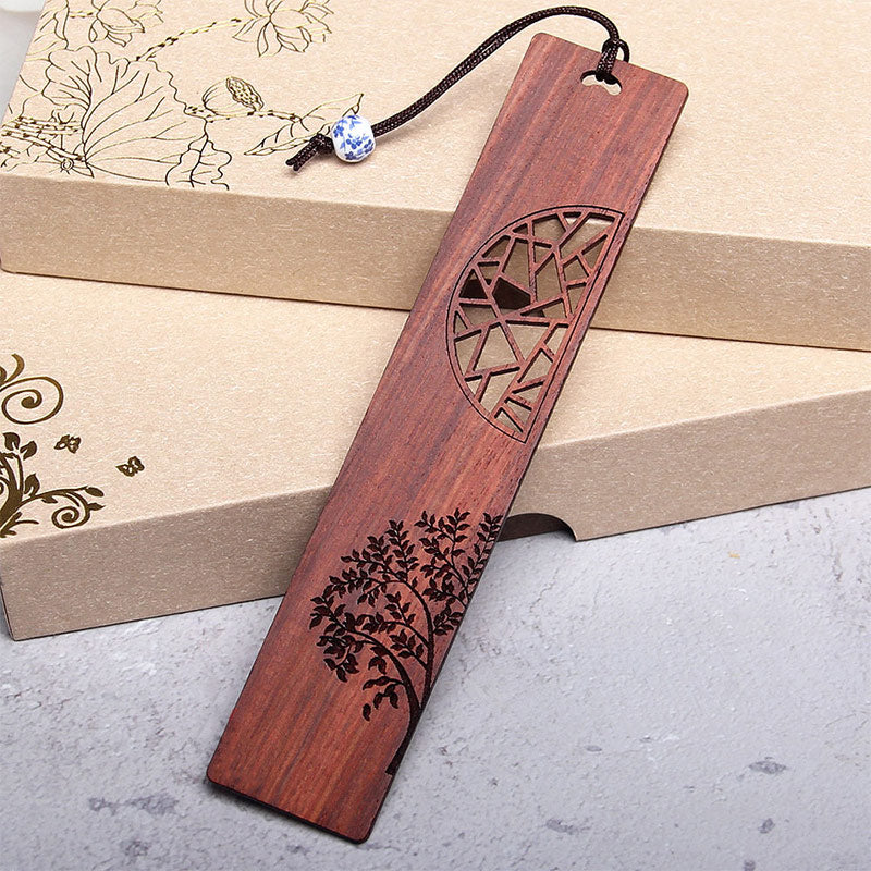 Tree of Life Wood Bookmarks - rosewood bookmark with oval lattice and tree etching on gold-stamped boxes