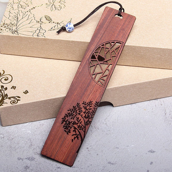 Tree of Life Wood Bookmarks - rosewood bookmark with oval lattice and tree etching on gold-stamped boxes