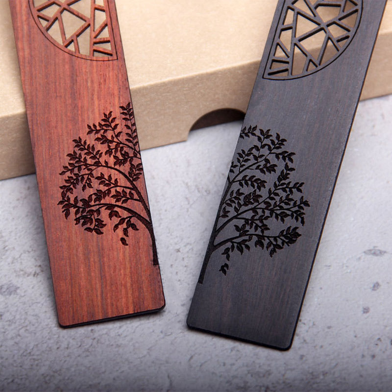 Tree of Life Wood Bookmarks - pair of rosewood and ebony bookmarks in V-formation on gray surface