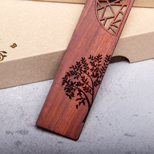Tree of Life Wood Bookmarks - rosewood bookmark showing detailed tree engraving on kraft box, gray surface